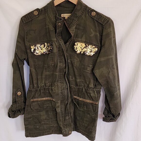 Democracy Hooded Camo Utility Acket Gold sequin pocket drawstring women's medium - Picture 1 of 12